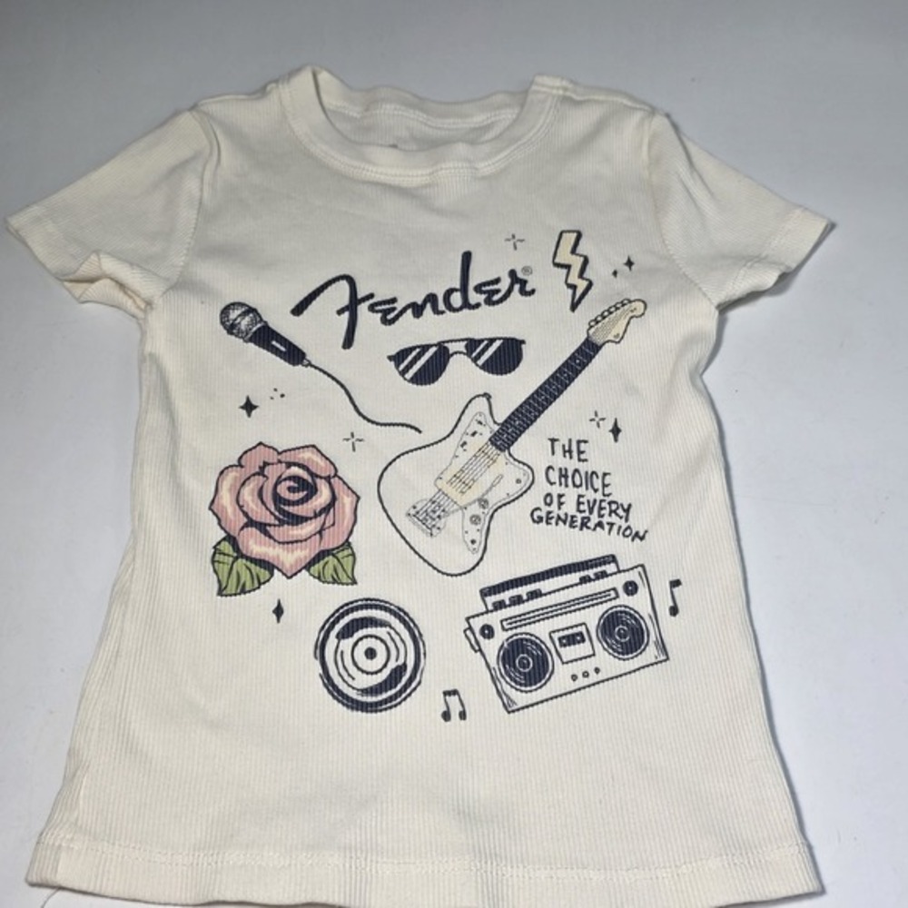 Fender Girls Ribbed Rose & Guitar Music Lover T Shirt Size Small‎ 6/7